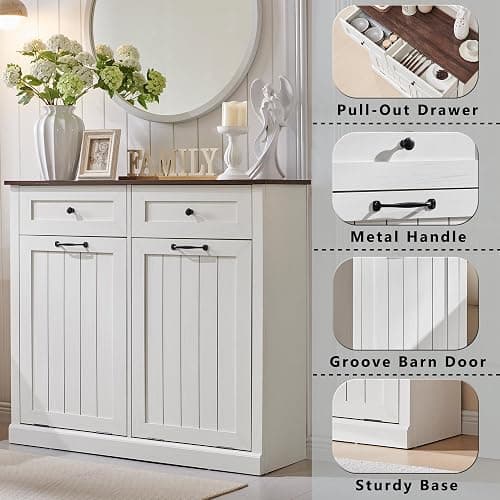 IFGET Double Tilt Out Trash Cabinet, 20 Gallon Farmhouse Laundry Hamper Cabinet with 2 Drawers, Hidden Wooden Trash Can Cabinets with Storage Basket for Kitchen, Living Room (Antique White) - Double Door - Antique White thumbnail 3