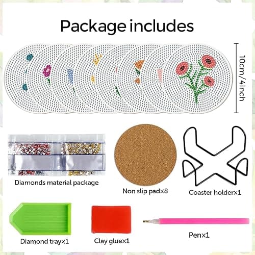 DOTZSO 8 Pcs Diamond Art Coasters Kit with Holder, Diamond Art Kits for Adults Beginners Small Diamond Painting Coasters, Arts and Crafts for Adults Supplies Item Sets (Flower) thumbnail 2