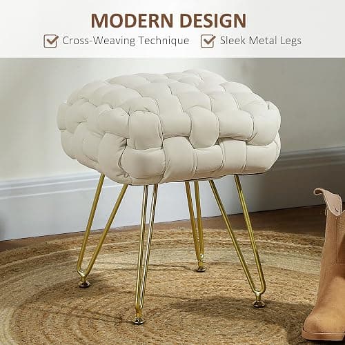 HOMCOM Square Foot Stool, Woven Footrest Ottoman with Metal Legs, Padded Makeup Vanity Stool, Velvet Dressing Table Seat for Bedroom, Cream White thumbnail 4