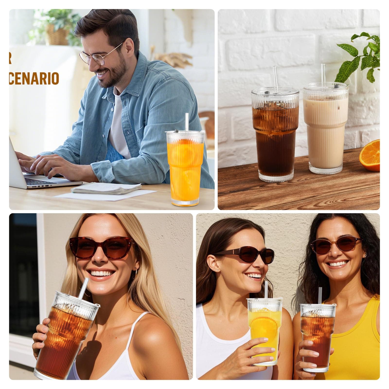 VITEVER 20oz Glass Tumblers with Lids and Straws, Set of 2 - Stylish Ribbed Design Drinking Glasses for Iced Coffee Cups, Juice, Smoothies, Cold Beverages, Includes Cleaning Brush, Durable Glassware thumbnail 7