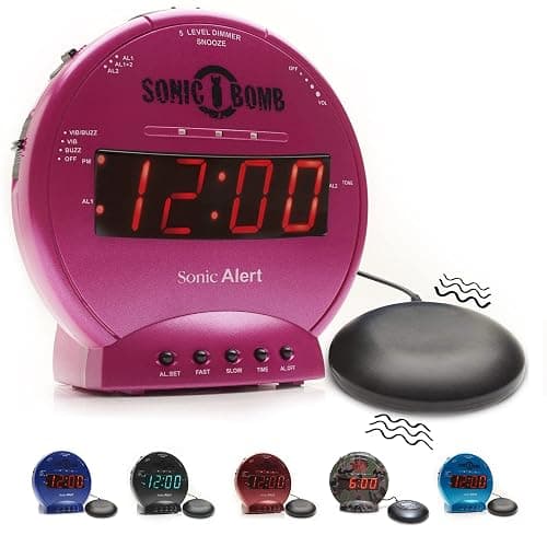Sonic Alert Sonic Bomb Dual Alarm Clock with Bed Shaker, Pink Vibrating Alarm Clock for Heavy Sleepers, Battery Backup | Wake with a Shake - Image 1
