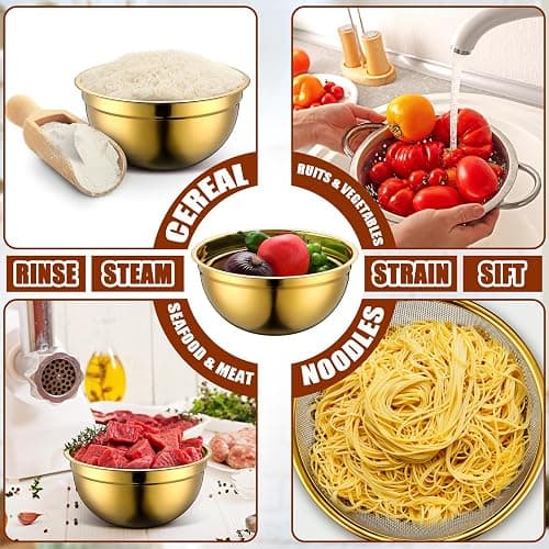 Teenyyou Gold Mixing Bowls with Airtight Lids Stainless Steel Mixing Bowl Set of 5, 4 Metal Nesting Organizers 4 in 1 Colander Non-slip Bottom Size 1.5, 2.0, 2.5, 4.0 Qt for Baking Serving Food thumbnail 5