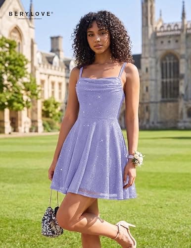 BeryLove Women's Sparkly Homecoming Formal Teen Cocktail Mini Prom Dress | Playful Square Cowl Neck, Three-Layered Flare Hem, Glitter Sequin, Short Length, Flowy Dress for Party, Junior School Dance thumbnail 6