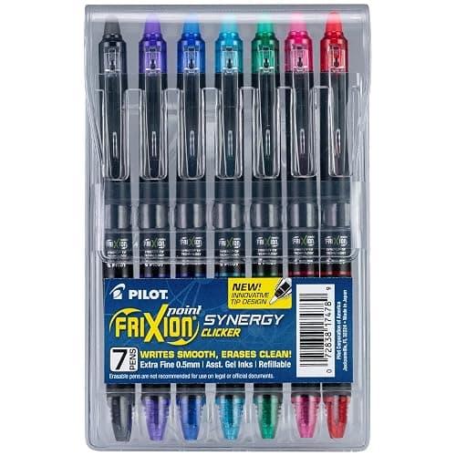 Pilot FriXion Synergy Clicker Erasable, Refillable, Retractable Gel Ink Pens, Extra Fine Point 0.5 mm, Pack of 7, Assorted Colors, FriXion Erasable Pens 0.5 - Ideal for School & Office Writing - Image 1