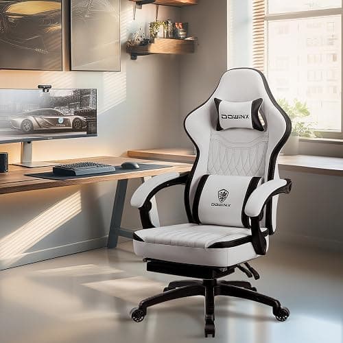 Dowinx Gaming Chair Breathable PU Leather Gamer Chair with Footrest Massage Lumbar Support, Big and Tall Ergonomic Reclining Computer Chair with Pocket Spring Cushion for Adults Teens (Black&White) thumbnail 2