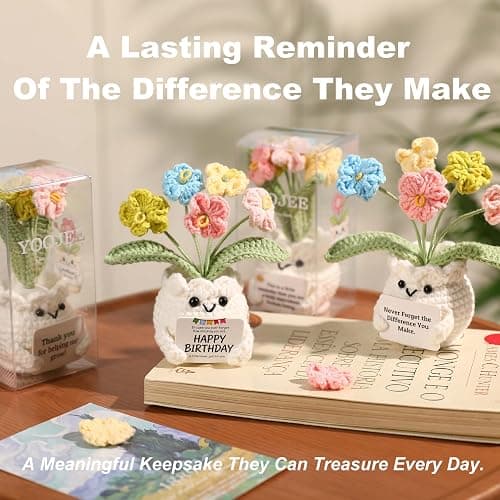 YOOJEE Forget-Me-Not Crochet Flower Potted Plant Gift | Difference You Make Gift, PET Display Box, Teacher Appreciation, Coworker, Employee, Thank You Gift, Handmade Desk Decor thumbnail 6