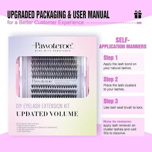 Pawotence Lash Extension Kit DIY 280pcs Individual 30D 40D Cluster, Eyelash Bond and Seal, Lash Remover & Tweezers for Self Use, Black (30D&40D, 9-16mm, All Kit) thumbnail 8