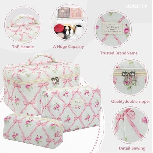 honitty Makeup Bag,Quilted Cosmetic Bag,Large Floral Make Up Bag for Women,Cotton Makeup Bag Set,Flower Travel Toiletry Bag thumbnail 3