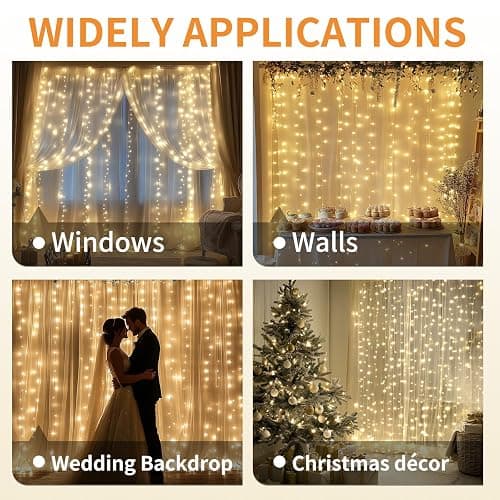 Patioman Fairy Curtain Lights, 200 LED Upgraded Tangle-Free Hanging Lights with Remote, USB Plug in String Lights for Bedroom Wall Window Wedding Party Xmas Home Décor - 6.6 x 6.6 Ft, Warm White thumbnail 7