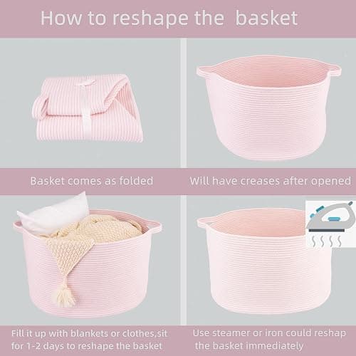 XUANGUO Large Cotton Rope Basket Blankets Basket Living Room 22"x14" Toy Baskets for Kids and Dogs Rope Storage Baskets for Nursery Woven Laundry Baskets for Clothes Towels Baby Toy Storage Round pink thumbnail 7