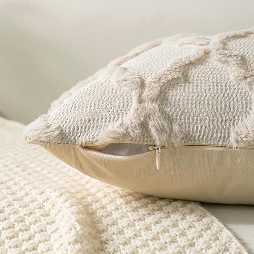 Cozoomy Set of 2 Soft Moroccan Throw Pillow Covers 18x18 Inch Plush Boho Decorative Pillow Cover Accent Cushion Case for Couch Sofa Bed, Beige thumbnail 5