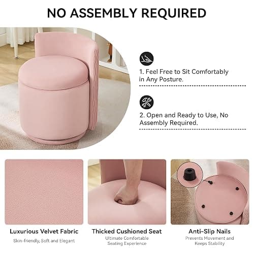 WUTUTUEE Velvet Vanity Chair with Storage, 360° Swivel Makeup Chair with Wave Back, No Assembly Small Accent Stool for Bedroom, Dressing, Living Room, Pink thumbnail 4