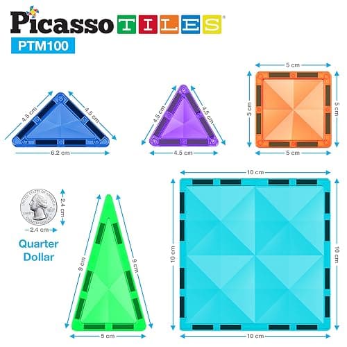 PicassoTiles 100 Piece Mini Magnetic Tiles, Travel STEM Toy for Kids 3+ | Diamond-shaped design, translucent pieces, compact carrying case, Montessori-inspired play, screen-free creativity thumbnail 2