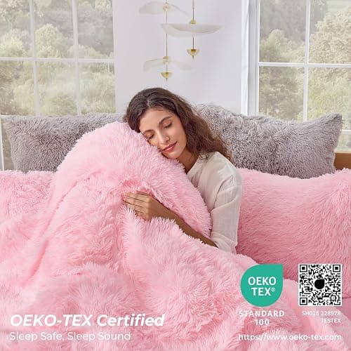 Sasttie 3-Piece Fluffy Duvet Cover Queen, Ultra Soft Faux Fur and Velvet Pink Comforter Cover, Luxury Fuzzy Bedding Sets for Winter Bed, Includes 1 Duvet Cover and 2 Pillowcases, No Comforter thumbnail 4