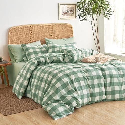 Wake In Cloud - Gingham Cotton Duvet Cover Set, Plaid Buffalo Check Checkered Farmhouse, 100% Washed Cotton Textured Percale Bedding Set, 3 Pieces, Green White, Full Size thumbnail 3