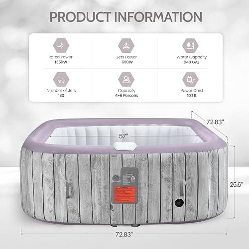 COCLUB Inflatable Square Hot Tub Spa Set, Outdoor Bubble Massage Portable Hot Tubs, 4-6 Person Blow up Hot Tub with 130 Soothing Jets, Insulated Cover, Built in Heater Pump, 6 Filter Cartridges thumbnail 3