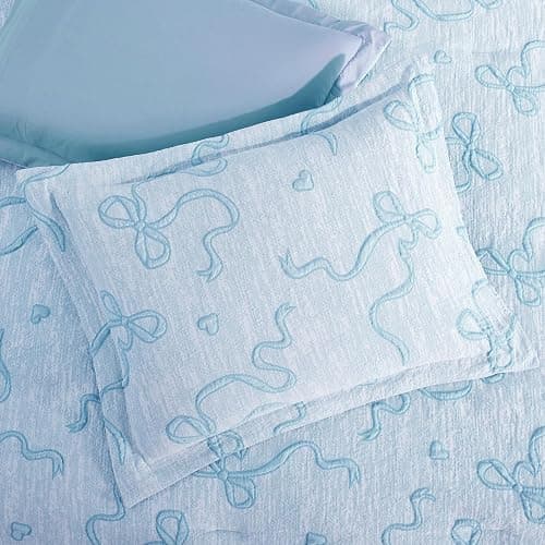 Full Size Comforter Sets for Girls - 7 Pieces Bow Bedding Set Bed in a Bag | Jacquard Cottage Core Bedding Sets, All Season Bed Set with Comforter, Sheets, Pillowcases & Shams, Light Blue thumbnail 8