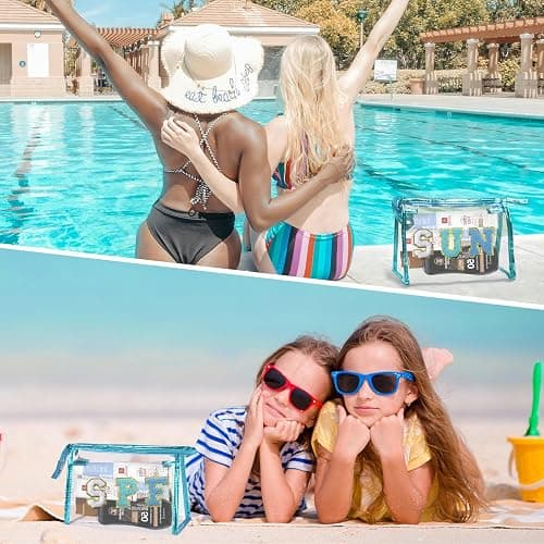 COSHAYSOO Clear Makeup Bag Sunscreen Pouch with Letter Patches Summer Beach Essential Stuff Accessories Birthday Christmas Gifts for Women Mom Teacher Nurse - Blue-SUN thumbnail 5