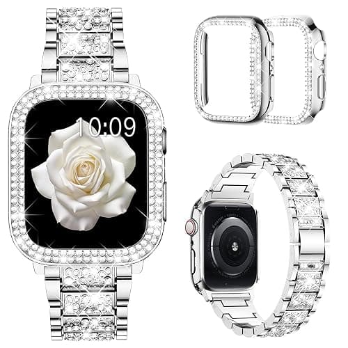Mosonio Compatible with Apple Watch Band 38mm 40mm 41mm 42mm 44mm 45mm 46mm 49mm with 2 Pack Case Women, Jewelry Replacement Metal Bands Strap with Bling PC Protective Case for iWatch Ultra SE Series 11/10/9/8/7/6/5/4/3/2/1 - Image 1