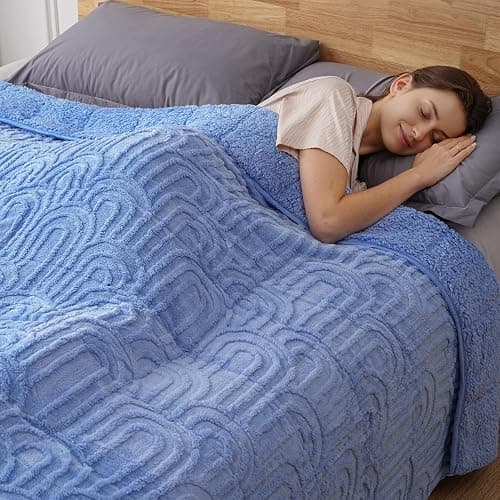 Sherpa Fleece Adult Weighted Blanket Great for Sleep, 15 lbs Dual Sided Soft Fuzzy Heavy Blankets for Couch Bed Sofa, Cozy Warm Fluffy Arched Jacquard Throw for Winter (Blue, 60" x 80", 15 Pounds) thumbnail 9