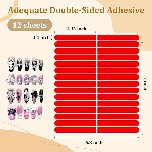 12 Sheets Double Sided Nail Tape for Press on Nails, Clear Adhesive Mounting Tapes for Nail Packaging Nail Design Salon Supplies Colors Designs Showcase (Red) thumbnail 2