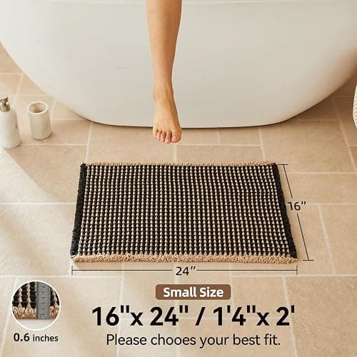 Triohero Waffle Bath Mat, Small Boho Bathroom Rugs Non Slip Washable, Ultra Soft Super Absorbent Quick Dry Farmhouse Bathroom Decor, 16" x 24", Black & Khaki thumbnail 2
