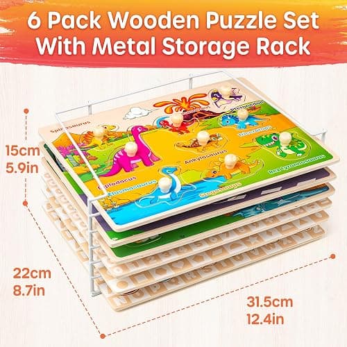 SYNARRY Wooden Puzzles for Toddlers 1-3, 6XSET Puzzles for Toddlers 2-4 with Rack, Learning Alphabet Number Shape Animal Dinosaur Vehicle, Education Toddler Puzzles Toys Gifts for 2 3 Years Boys Girls thumbnail 3