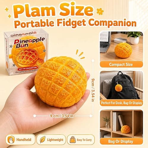 Crunchy Pineapple Bun Squishy, Slow Rising ASMR Squeeze Fidget Toy | Soft Squishy with Crunchy Sensory Feedback, 3.54in Palm Size for Desk, Study Breaks, Travel, Display, Ideal Gift for Adults thumbnail 2