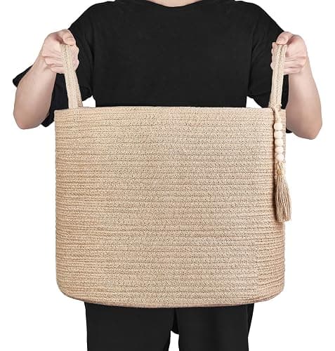 Mkono Woven Storage Basket Decorative Natural Rope Basket Wooden Bead Decoration for Blankets,Toys,Clothes,Shoes,Plant Organizer Bin with Handles Living Room Home Decor, Jute, 16" W × 13.8" L thumbnail 6