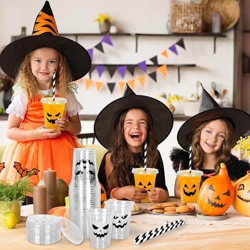 Whaline 60Pcs Halloween Disposable Plastic Cups with Lids and Straws 12oz Jack-O-Lantern Pumpkin Cold Beverage Drinking Cups Scary Printed Party Cup for Trick or Treat Party Supplies thumbnail 6