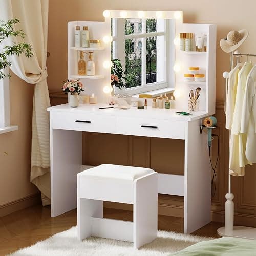 KAMABOKO Vanity Desk with Lighted and Mirror, White Makeup Table with Drawers and Charging Station, 3 Model Adjustable for Bedroom & Dressing Room (010 White) thumbnail 3
