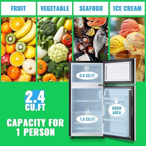 DEMULLER Mini Fridge with Freezer, 2.4 Cu.Ft Personal Refrigerator Only for One Person Use, Silver Tiny Small Size Refrigerator with 7 Level Adjustable Temperature and Double Door thumbnail 4
