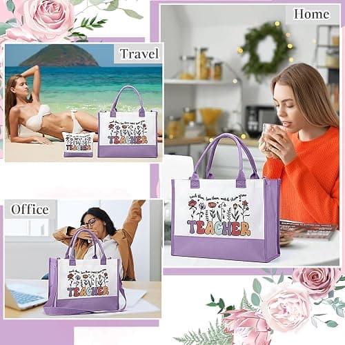 Shinylin 2 Pcs Teacher Appreciation Gifts Canvas Tote Bag with Makeup Bag Thank You Gift for Teacher from Student Retirement thumbnail 6