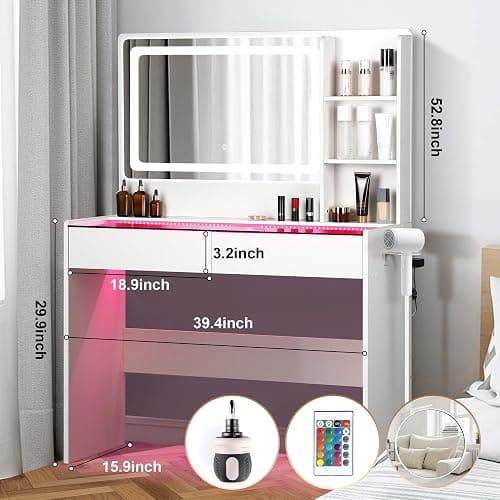 Cielozen Vanity Desk,Makeup Vanity Desk with Mirror and Lights,Transparent Top with LED Multiple Color Lights,Mirror 3 Color Modes 2 Drawers,Power Outlet,Dressing Table for Girls Bedroom,White thumbnail 2