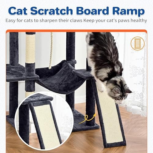 ABCPET Cat Tree Tower 63in Multi-Level Cat Tower for Indoor Cats with Sisal Scratching Posts, Condo, Hammock, Dangling Ball and Extended Platform for Cats to Play, Dark Grey thumbnail 6