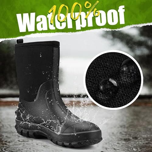 TIDEWE Rubber Boots for Men, 5.5mm Neoprene Insulated Rain Boots with Steel Shank, Waterproof Mid Calf Hunting Boots, Sturdy Rubber Work Boots for Farming Gardening Fishing thumbnail 4