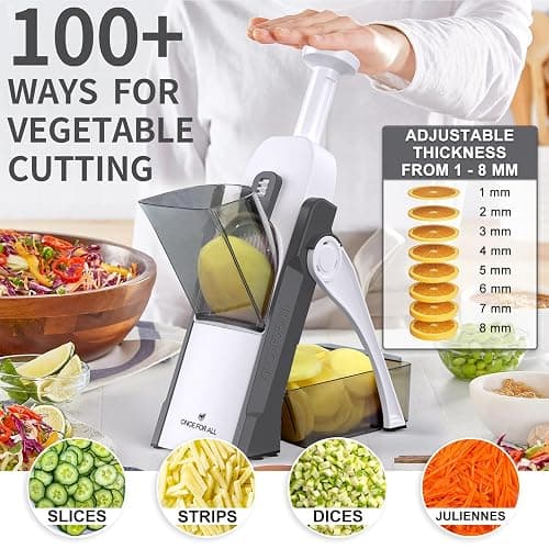 ONCE FOR ALL Safe Mandoline Slicer 5 in 1 Vegetable Chopper Food Potato Cutter, Strips Julienne Dicer Adjustable Thickness 0.1-8 mm Kitchen Chopping Artifact Fast Meal Prep (Gray) thumbnail 4
