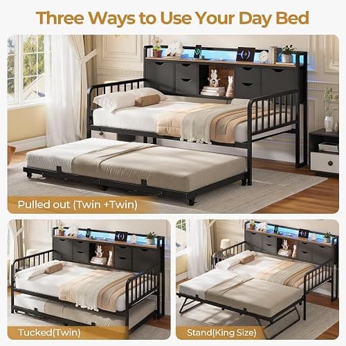ADORNEVE Daybed with Trundle, Twin Day Bed with Storage Headboard & Charging Station, Height Adjustable Metal Trundle Bed Twin, Sofa Bed Frame for Living Room, Bedroom and Guest Room, Black thumbnail 3