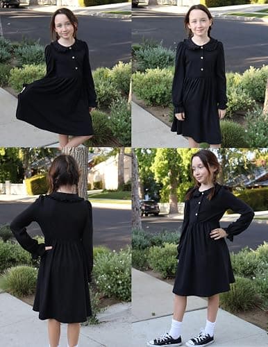 Arshiner Girls Long Sleeve Dress Fall Winter Ruffle Peter Pan Collar Front Button Casual Cotton Dresses thumbnail 7