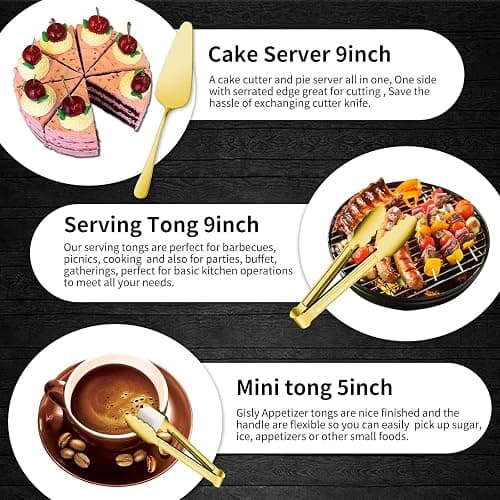 Gisly Gold 12 Pieces Serving Utensils Include Large Serving Spoons,Slotted Serving Spoons,Serving Forks,Serving Tongs,Appetizers Tongs,Soup Ladle and Pie Cake Server for Buffet Catering thumbnail 6