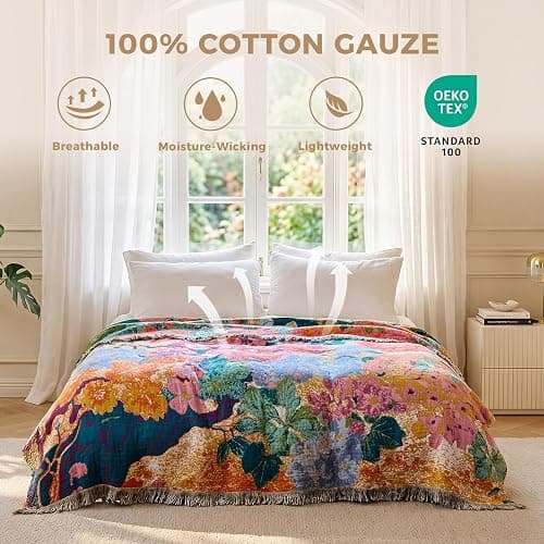 LUTBM Boho Throw Blanket for Bed Cotton Summer Blankets for Bedroom Living Room All Season Lightweight Floral Embroidery Reversible Twin Quilt for Couch Sofa Chair 60"x80" Home Decor thumbnail 3