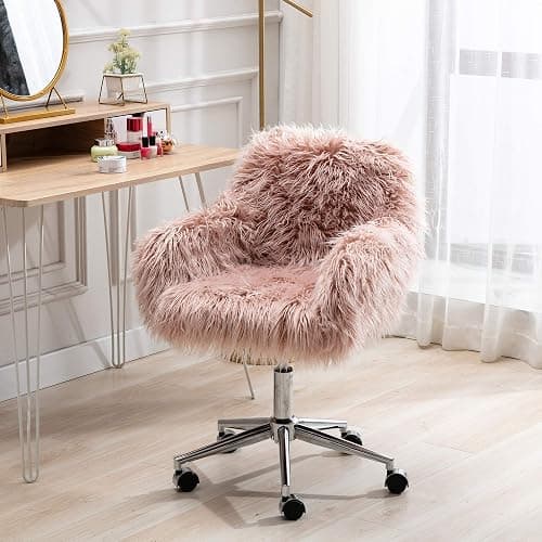 KCC Fluffy Office Desk Chair, Faux Fur Modern Swivel Armchair with Wheels, Soft Comfy Fuzzy Elegant Accent Makeup Vanity Chairs for Women Girls, Home Living Dressing Room Bedroom, Pink thumbnail 2