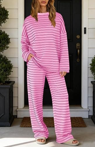 SENSERISE Womens Striped Lounge Set 2 Piece Outfit | Striped Long Sleeve Shirt, Wide Leg Pants, Pajamas Set, Crewneck, Color Block, Loose Fit, Casual Fall Airport Travel Outfit thumbnail 6