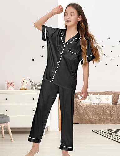ALHAVONE Silk Pajamas for Girls Satin Pajama Kids 3 Pieces Short Sleeve Girl Button-down Pjs Shorts Pants Sleepwear thumbnail 2