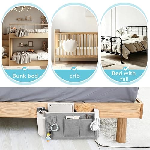 Loghot Bedside Caddy/Bedside Storage Bag Hanging Organizer for Bunk and Hospital Beds,Dorm Rooms Bed Rails,Can be Placed Glasses,Books,Mobile Phones,Keys (Grey) thumbnail 5