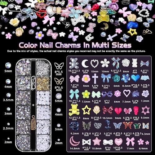 3D Nail Charms Set, Color Flower Bow Moon Heart Star Nail Art Charms, Half Round Pearl & Flatback Gems AB, Hollow Butterfly Alloy Nail Art Supplies DIY Accessories thumbnail 2