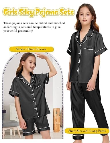 ALHAVONE Silk Pajamas for Girls Satin Pajama Kids 3 Pieces Short Sleeve Girl Button-down Pjs Shorts Pants Sleepwear thumbnail 4