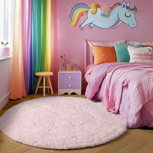 Pink Fluffy Round Rug 5Ft for Girls Bedroom Decor Aesthetic, Shaggy Circle Area Rugs for Kids Room Living Room, Cute Fuzzy Carpet for Nursery, Dorm, Classroom, Teen, Princess, Comfy Baby Playroom Rug thumbnail 2