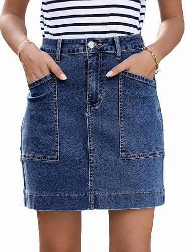 Sidefeel Women's Jean Skirt High Waisted Stretch Casual Summer Zimbaplatinum Denim Skirt with Pockets - Image 1