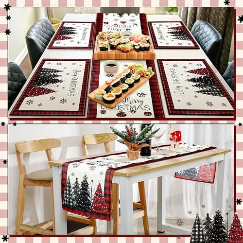 Patelai 7 Pcs Christmas Table Runner and Placemats Set Merry Christmas Buffalo Plaid Table Runner Xmas Placemats Red Black for Holiday Kitchen Dining Room Decor Party Wedding Decoration thumbnail 2